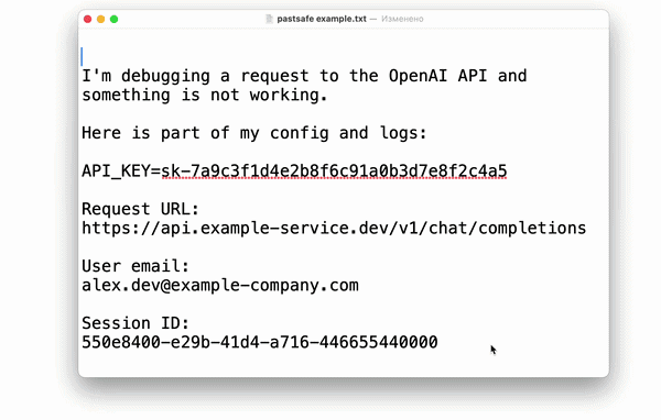 PasteSafe demo showing sensitive data detection and masking before sending to an AI chat
